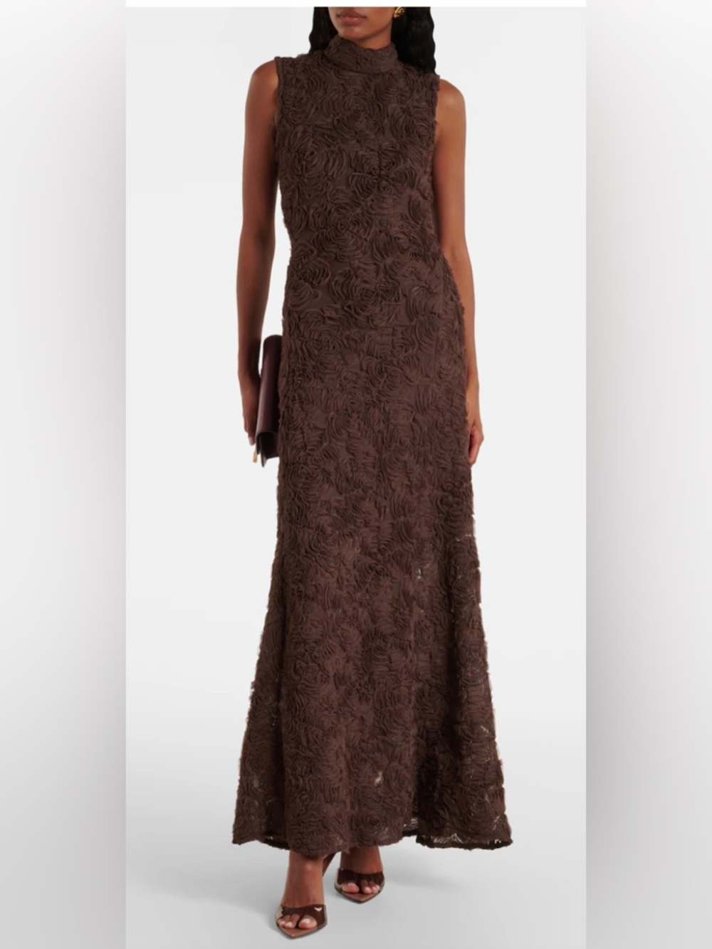 Sleeveless High-Neck Rosette Maxi Dress in Chocolate Brown